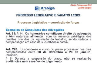 Direito ProcessualCivil
Gabriel Borges
Processo Legislativo – correlação de forças
Exemplos de Conquistas dos Advogados
Art. 85: § 14. Os honorários constituem direito do advogado
e têm natureza alimentar, com os mesmos privilégios dos
créditos oriundos da legislação do trabalho, sendo vedada a
compensação em caso de sucumbência parcial.
Art. 220. Suspende-se o curso do prazo processual nos dias
compreendidos entre 20 de dezembro e 20 de janeiro,
inclusive.
§ 2o Durante a suspensão do prazo, não se realizarão
audiências nem sessões de julgamento.
 
