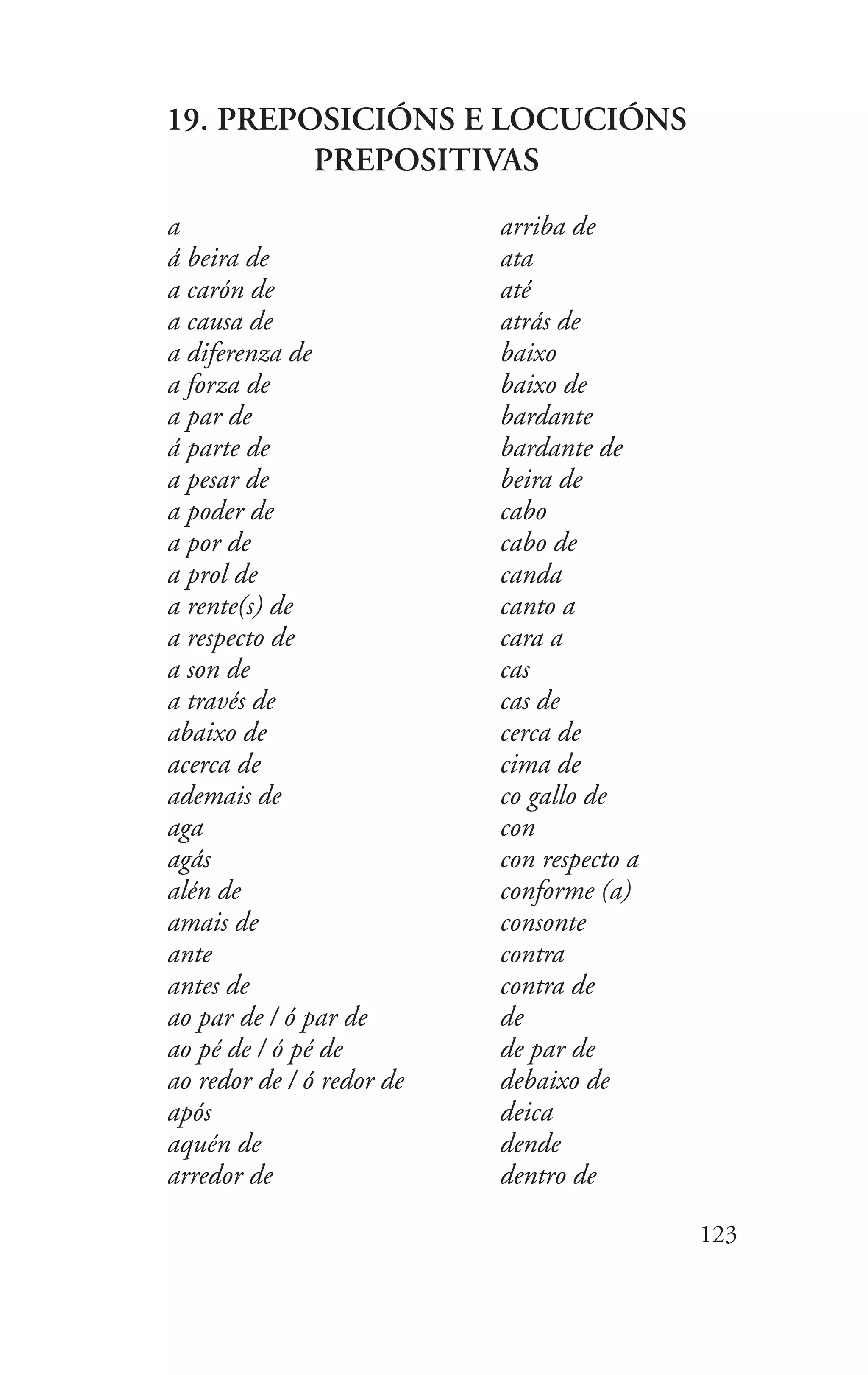 123
19. PREPOSICIÓNS E LOCUCIÓNS
PREPOSITIVAS
a
á beira de
a carón de
a causa de
a diferenza de
a forza de
a par de
á parte de
a pesar de
a poder de
a por de
a prol de
a rente(s) de
a respecto de
a son de
a través de
abaixo de
acerca de
ademais de
aga
agás
alén de
amais de
ante
antes de
ao par de / ó par de
ao pé de / ó pé de
ao redor de / ó redor de
após
aquén de
arredor de
arriba de
ata
até
atrás de
baixo
baixo de
bardante
bardante de
beira de
cabo
cabo de
canda
canto a
cara a
cas
cas de
cerca de
cima de
co gallo de
con
con respecto a
conforme (a)
consonte
contra
contra de
de
de par de
debaixo de
deica
dende
dentro de
 