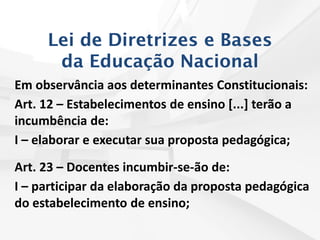 Lei de Diretrizes e Bases
da Educação Nacional
Em observância aos determinantes Constitucionais:
Art. 12 – Estabelecimentos de ensino [...] terão a
incumbência de:
I – elaborar e executar sua proposta pedagógica;
Art. 23 – Docentes incumbir-se-ão de:
I – participar da elaboração da proposta pedagógica
do estabelecimento de ensino;
 