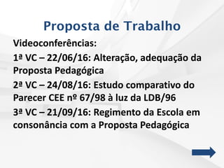 Proposta de Trabalho
Videoconferências:
1ª VC – 22/06/16: Alteração, adequação da
Proposta Pedagógica
2ª VC – 24/08/16: Estudo comparativo do
Parecer CEE nº 67/98 à luz da LDB/96
3ª VC – 21/09/16: Regimento da Escola em
consonância com a Proposta Pedagógica
 