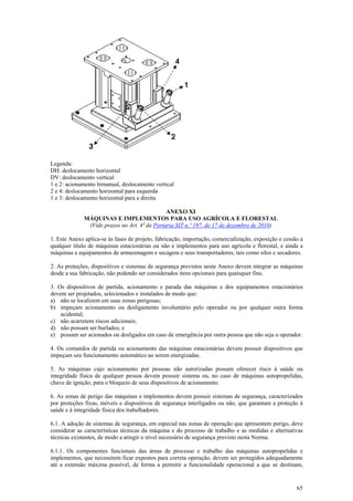 Legenda:
DH: deslocamento horizontal
DV: deslocamento vertical
1 e 2: acionamento bimanual, deslocamento vertical
2 e 4: deslocamento horizontal para esquerda
1 e 3: deslocamento horizontal para a direita
ANEXO XI
MÁQUINAS E IMPLEMENTOS PARA USO AGRÍCOLA E FLORESTAL
(Vide prazos no Art. 4ª da Portaria SIT n.º 197, de 17 de dezembro de 2010)
1. Este Anexo aplica-se às fases de projeto, fabricação, importação, comercialização, exposição e cessão a
qualquer título de máquinas estacionárias ou não e implementos para uso agrícola e florestal, e ainda a
máquinas e equipamentos de armazenagem e secagem e seus transportadores, tais como silos e secadores.
2. As proteções, dispositivos e sistemas de segurança previstos neste Anexo devem integrar as máquinas
desde a sua fabricação, não podendo ser considerados itens opcionais para quaisquer fins.
3. Os dispositivos de partida, acionamento e parada das máquinas e dos equipamentos estacionários
devem ser projetados, selecionados e instalados de modo que:
a) não se localizem em suas zonas perigosas;
b) impeçam acionamento ou desligamento involuntário pelo operador ou por qualquer outra forma
acidental;
c) não acarretem riscos adicionais;
d) não possam ser burlados; e
e) possam ser acionados ou desligados em caso de emergência por outra pessoa que não seja o operador.
4. Os comandos de partida ou acionamento das máquinas estacionárias devem possuir dispositivos que
impeçam seu funcionamento automático ao serem energizadas.
5. As máquinas cujo acionamento por pessoas não autorizadas possam oferecer risco à saúde ou
integridade física de qualquer pessoa devem possuir sistema ou, no caso de máquinas autopropelidas,
chave de ignição, para o bloqueio de seus dispositivos de acionamento.
6. As zonas de perigo das máquinas e implementos devem possuir sistemas de segurança, caracterizados
por proteções fixas, móveis e dispositivos de segurança interligados ou não, que garantam a proteção à
saúde e à integridade física dos trabalhadores.
6.1. A adoção de sistemas de segurança, em especial nas zonas de operação que apresentem perigo, deve
considerar as características técnicas da máquina e do processo de trabalho e as medidas e alternativas
técnicas existentes, de modo a atingir o nível necessário de segurança previsto nesta Norma.
6.1.1. Os componentes funcionais das áreas de processo e trabalho das máquinas autopropelidas e
implementos, que necessitem ficar expostos para correta operação, devem ser protegidos adequadamente
até a extensão máxima possível, de forma a permitir a funcionalidade operacional a que se destinam,

65

 