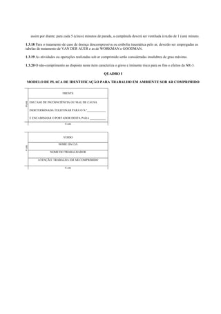 assim por diante; para cada 5 (cinco) minutos de parada, a campânula deverá ser ventilada à razão de 1 (um) minuto.
1.3.18 Para o tratamento de caso de doença descompressiva ou embolia traumática pelo ar, deverão ser empregadas as
tabelas de tratamento de VAN DER AUER e as de WORKMAN e GOODMAN.
1.3.19 As atividades ou operações realizadas sob ar comprimido serão consideradas insalubres de grau máximo.
1.3.20 O não-cumprimento ao disposto neste item caracteriza o grave e iminente risco para os fins e efeitos da NR-3.
QUADRO I
MODELO DE PLACA DE IDENTIFICAÇÃO PARA TRABALHO EM AMBIENTE SOB AR COMPRIMIDO

4 cm

FRENTE
EM CASO DE INCOSNCIÊNCIA OU MAL DE CAUSA
INDETERMINADA TELEFONAR PARA O N.º_____________
E ENCAMINHAR O PORTADOR DESTA PARA ___________
6 cm

4 cm

VERSO
NOME DA CIA
NOME DO TRABALHADOR
ATENÇÃO: TRABALHA EM AR COMPRIMIDO
6 cm

 
