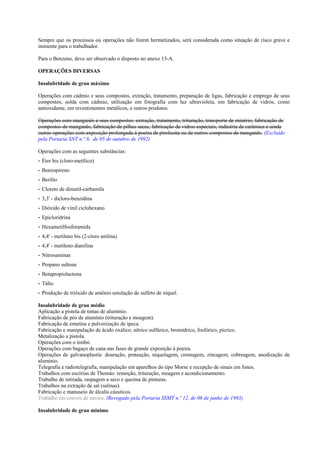 Sempre que os processos ou operações não forem hermetizados, será considerada como situação de risco grave e
iminente para o trabalhador.
Para o Benzeno, deve ser observado o disposto no anexo 13-A.
OPERAÇÕES DIVERSAS
Insalubridade de grau máximo
Operações com cádmio e seus compostos, extração, tratamento, preparação de ligas, fabricação e emprego de seus
compostos, solda com cádmio, utilização em fotografia com luz ultravioleta, em fabricação de vidros, como
antioxidante, em revestimentos metálicos, e outros produtos.
Operações com manganês e seus compostos: extração, tratamento, trituração, transporte de minério; fabricação de
compostos de manganês, fabricação de pilhas secas, fabricação de vidros especiais, indústria de cerâmica e ainda
outras operações com exposição prolongada à poeira de pirolusita ou de outros compostos de manganês. (Excluído
pela Portaria SNT n.º 8, de 05 de outubro de 1992)
Operações com as seguintes substâncias:
- Éter bis (cloro-metílico)
- Benzopireno
- Berílio
- Cloreto de dimetil-carbamila
- 3,3' - dicloro-benzidina
- Dióxido de vinil ciclohexano
- Epicloridrina
- Hexametilfosforamida
- 4,4' - metileno bis (2-cloro anilina)
- 4,4' - metileno dianilina
- Nitrosaminas
- Propano sultone
- Betapropiolactona
- Tálio
- Produção de trióxido de amônio ustulação de sulfeto de níquel.
Insalubridade de grau médio
Aplicação a pistola de tintas de alumínio.
Fabricação de pós de alumínio (trituração e moagem).
Fabricação de emetina e pulverização de ipeca.
Fabricação e manipulação de ácido oxálico, nítrico sulfúrico, bromídrico, fosfórico, pícrico.
Metalização a pistola.
Operações com o timbó.
Operações com bagaço de cana nas fases de grande exposição à poeira.
Operações de galvanoplastia: douração, prateação, niquelagem, cromagem, zincagem, cobreagem, anodização de
alumínio.
Telegrafia e radiotelegrafia, manipulação em aparelhos do tipo Morse e recepção de sinais em fones.
Trabalhos com escórias de Thomás: remoção, trituração, moagem e acondicionamento.
Trabalho de retirada, raspagem a seco e queima de pinturas.
Trabalhos na extração de sal (salinas).
Fabricação e manuseio de álcalis cáusticos.
Trabalho em convés de navios. (Revogado pela Portaria SSMT n.º 12, de 06 de junho de 1983)
Insalubridade de grau mínimo

 