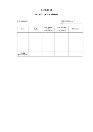 QUADRO VI
ACIDENTES SEM VÍTIMA

RESPONSÁVEL:

DATA DO MAPA:_ /_ /__
ASS.:______________________

 
