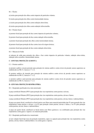 B.1 - Óculos
a) óculos para proteção dos olhos contra impactos de partículas volantes;
b) óculos para proteção dos olhos contra luminosidade intensa;
c) óculos para proteção dos olhos contra radiação ultravioleta;
d) óculos para proteção dos olhos contra radiação infravermelha.
B.2 - Protetor facial
a) protetor facial para proteção da face contra impactos de partículas volantes;
b) protetor facial para proteção da face contra radiação infravermelha;
c) protetor facial para proteção dos olhos contra luminosidade intensa;
d) protetor facial para proteção da face contra riscos de origem térmica;
e) protetor facial para proteção da face contra radiação ultravioleta.
B.3 - Máscara de Solda
a) máscara de solda para proteção dos olhos e face contra impactos de partículas volantes, radiação ultra-violeta,
radiação infra-vermelha e luminosidade intensa.
C - EPI PARA PROTEÇÃO AUDITIVA
C.1 - Protetor auditivo
a) protetor auditivo circum-auricular para proteção do sistema auditivo contra níveis de pressão sonora superiores ao
estabelecido na NR-15, Anexos n.º 1 e 2;
b) protetor auditivo de inserção para proteção do sistema auditivo contra níveis de pressão sonora superiores ao
estabelecido na NR-15, Anexos n.º 1 e 2;
c) protetor auditivo semi-auricular para proteção do sistema auditivo contra níveis de pressão sonora superiores ao
estabelecido na NR-15, Anexos n.º 1 e 2.
D - EPI PARA PROTEÇÃO RESPIRATÓRIA
D.1 - Respirador purificador de ar não motorizado:
a) peça semifacial filtrante (PFF1) para proteção das vias respiratórias contra poeiras e névoas;
b) peça semifacial filtrante (PFF2) para proteção das vias respiratórias contra poeiras, névoas e fumos;
c) peça semifacial filtrante (PFF3) para proteção das vias respiratórias contra poeiras, névoas, fumos e radionuclídeos;
d) peça um quarto facial, semifacial ou facial inteira com filtros para material particulado tipo P1 para proteção das vias
respiratórias contra poeiras e névoas; e ou P2 para proteção contra poeiras, névoas e fumos; e ou P3 para proteção
contra poeiras, névoas, fumos e radionuclídeos;
e) peça um quarto facial, semifacial ou facial inteira com filtros químicos e ou combinados para proteção das vias
respiratórias contra gases e vapores e ou material particulado.
D.2 - Respirador purificador de ar motorizado:
a) sem vedação facial tipo touca de proteção respiratória, capuz ou capacete para proteção das vias respiratórias contra
poeiras, névoas, fumos e radionuclídeos e ou contra gases e vapores;
4

 
