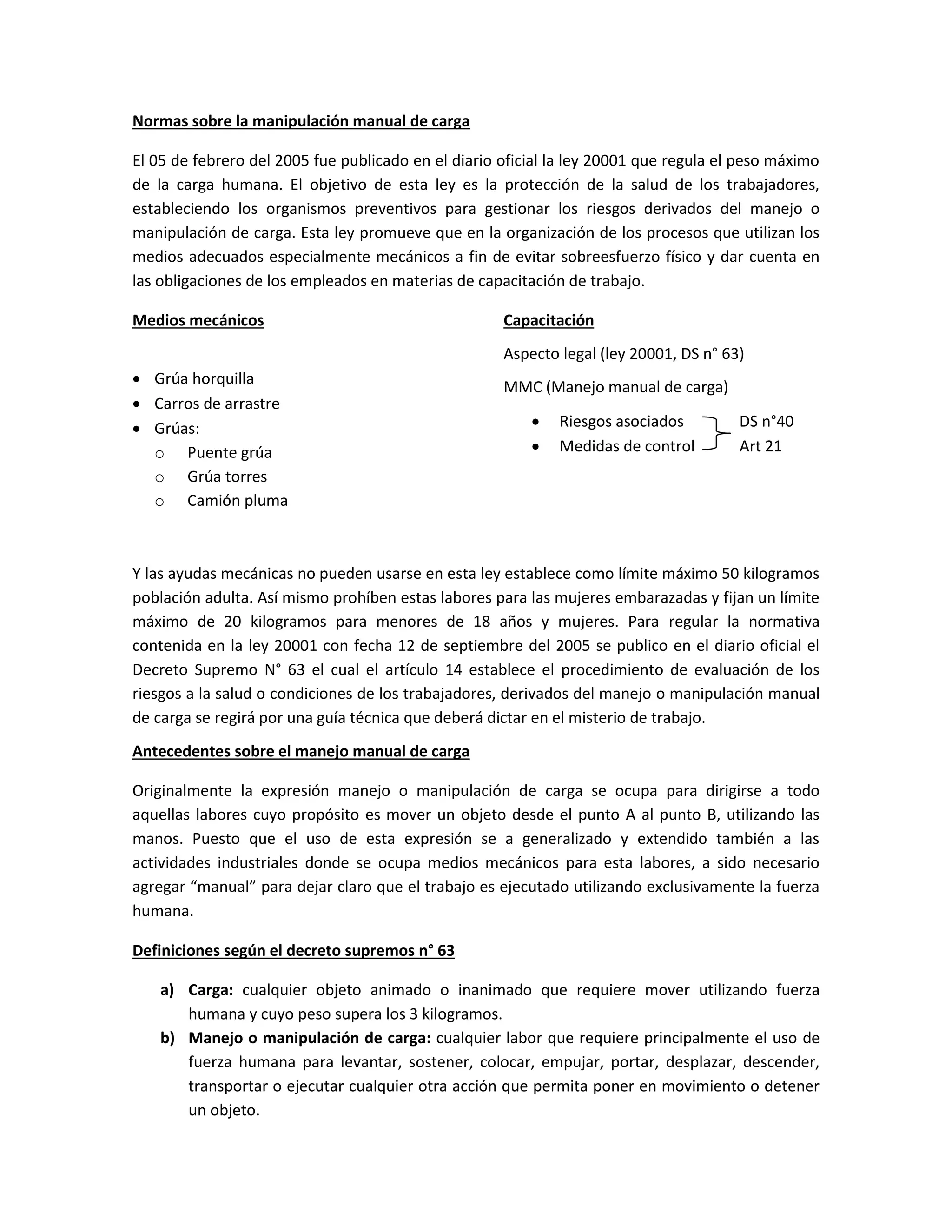 Normas sobre la manipulación manual de carga | DOCX