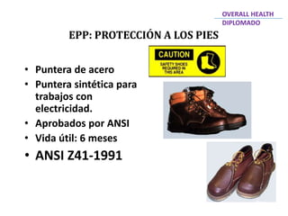 • Puntera de acero
• Puntera sintética para
trabajos con
electricidad.
• Aprobados por ANSI
• Vida útil: 6 meses
• ANSI Z41-1991
EPP: PROTECCIÓN A LOS PIES
OVERALL HEALTH
DIPLOMADO
 