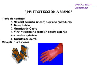 EPP: PROTECCIÓN A MANOS
OVERALL HEALTH
DIPLOMADO
Tipos de Guantes:
1. Material de metal (mesh) previene cortaduras
2. Desechables
3. Guantes de Cuero
4. Vinyl y Neopreno protejen contra algunas
sustancias químicas
5. Guantes de goma
Vida útil: 1 a 2 meses
 