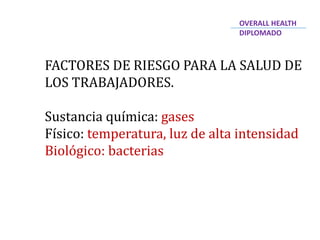 FACTORES DE RIESGO PARA LA SALUD DE
LOS TRABAJADORES.
Sustancia química: gases
Físico: temperatura, luz de alta intensidad
Biológico: bacterias
OVERALL HEALTH
DIPLOMADO
 