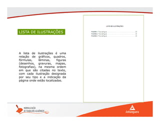 LISTA DE ILUSTRAÇÕES
A lista de ilustrações é uma
relação de gráficos, quadros,
fórmulas, lâminas, figuras
(desenhos, gravuras, mapas,
fotografias), na mesma ordem
em que são citadas no texto,
com cada ilustração designada
por seu tipo e a indicação da
página onde estão localizadas.
 