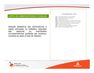 Relação alfabética das abreviaturas e
siglas utilizadas no trabalho, seguidas
das palavras ou expressões
correspondentes grafadas por extenso.
Localiza-se após a lista de tabelas.
LISTA DE ABREVIATURAS E SIGLAS
 