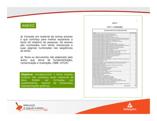 ANEXO
 Consiste em material de outros autores
e que contribui para melhor esclarecer o
texto do relatório de pesquisa. Os anexos
são numerados com letras maiúsculas e
suas páginas numeradas nas seqüências
do texto.
 Texto ou documento não elaborado pelo
autor, que serve de fundamentação,
comprovação e ilustração. (NBR 14724)
Objetivo: complementar o tema tratado,
embora não constitua parte essencial da
obra. Podem ser formadas por
questionários, roteiros de entrevistas,
representações gráficas.
 