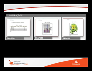 Qualquer que seja o tipo de ilustração (desenhos, esquemas, fluxogramas, fotografias, gráficos,
mapas, organogramas, plantas, quadros, retratos e outros), servem para elucidar, explicar e
simplificar o entendimento de um texto.
Sua identificação aparece na parte superior, precedida da palavra designativa, seguida de seu número
de ordem do texto, em algarismos arábicos e do respectivo título e/ou legenda explicativa de forma
breve e clara, dispensando consulta ao texto e da fonte.
ILUSTRAÇÕES
QUADRO GRÁFICO FIGURA
 