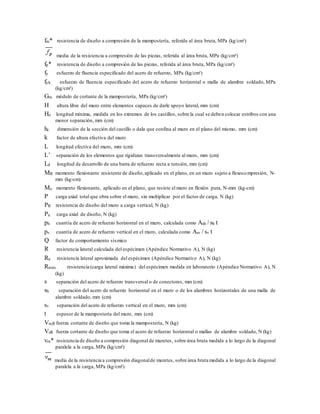 fm* resistencia de diseño a compresión de la mampostería, referida al área bruta, MPa (kg/cm²)
media de la resistencia a compresión de las piezas, referida al área bruta, MPa (kg/cm²)
fp* resistencia de diseño a compresión de las piezas, referida al área bruta, MPa (kg/cm²)
fy esfuerzo de fluencia especificado del acero de refuerzo, MPa (kg/cm²)
fyh esfuerzo de fluencia especificado del acero de refuerzo horizontal o malla de alambre soldado, MPa
(kg/cm²)
Gm módulo de cortante de la mampostería, MPa (kg/cm²)
H altura libre del muro entre elementos capaces de darle apoyo lateral, mm (cm)
Ho longitud mínima, medida en los extremos de los castillos, sobre la cual se deben colocar estribos con una
menor separación, mm (cm)
hc dimensión de la sección del castillo o dala que confina al muro en el plano del mismo, mm (cm)
k factor de altura efectiva del muro
L longitud efectiva del muro, mm (cm)
L’ separación de los elementos que rigidizan transversalmente al muro, mm (cm)
Ld longitud de desarrollo de una barra de refuerzo recta a tensión, mm (cm)
MR momento flexionante resistente de diseño,aplicado en el plano, en un muro sujeto a flexocompresión, N-
mm (kg-cm)
Mo momento flexionante, aplicado en el plano, que resiste el muro en flexión pura, N-mm (kg-cm)
P carga axial total que obra sobre el muro, sin multiplicar por el factor de carga, N (kg)
PR resistencia de diseño del muro a carga vertical, N (kg)
Pu carga axial de diseño, N (kg)
ph cuantía de acero de refuerzo horizontal en el muro, calculada como Ash / sh t
pv cuantía de acero de refuerzo vertical en el muro, calculada como Asv / sv t
Q factor de comportamiento sísmico
R resistencia lateral calculada del espécimen (Apéndice Normativo A), N (kg)
Ra resistencia lateral aproximada del espécimen (Apéndice Normativo A), N (kg)
Rmáx resistencia (carga lateral máxima) del espécimen medida en laboratorio (Apéndice Normativo A), N
(kg)
s separación del acero de refuerzo transversal o de conectores, mm (cm)
sh separación del acero de refuerzo horizontal en el muro o de los alambres horizontales de una malla de
alambre soldado, mm (cm)
sv separación del acero de refuerzo vertical en el muro, mm (cm)
t espesor de la mampostería del muro, mm (cm)
VmR fuerza cortante de diseño que toma la mampostería, N (kg)
VsR fuerza cortante de diseño que toma el acero de refuerzo horizontal o mallas de alambre soldado, N (kg)
vm* resistencia de diseño a compresión diagonal de muretes, sobre área bruta medida a lo largo de la diagonal
paralela a la carga, MPa (kg/cm²)
media de la resistencia a compresión diagonalde muretes, sobre área bruta medida a lo largo de la diagonal
paralela a la carga, MPa (kg/cm²)
 