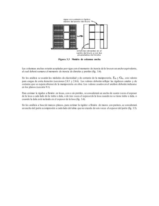 Figura 3.3 Modelo de columna ancha
Las columnas anchas estarán acopladas porvigas con el momento de inercia de la losa en un ancho equivalente,
al cual deberá sumarse el momento de inercia de dinteles y pretiles (fig. 3.4).
En los análisis se usarán los módulos de elasticidad y de cortante de la mampostería, Em y Gm, con valores
para cargas de corta duración (secciones 2.8.5 y 2.8.6). Los valores deberán reflejar las rigideces axiales y de
cortante que se espera obtener de la mampostería en obra. Los valores usados en el análisis deberán indicarse
en los planos (sección 9.1).
Para estimar la rigidez a flexión en losas, con o sin pretiles, se considerará un ancho de cuatro veces el espesor
de la losa a cada lado de la trabe o dala, o de tres veces el espesorde la losa cuando no se tiene trabe o dala, o
cuando la dala está incluida en el espesor de la losa (fig. 3.4).
En los análisis a base de marcos planos, para estimar la rigidez a flexión de muros con patines,se considerará
un ancho del patín a compresión a cada lado del alma que no exceda de seis veces el espesor del patín (fig. 3.5).
 