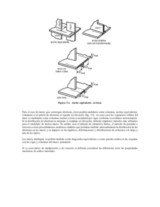 Figura 3.4 Ancho equivalente en losas
Para el caso de muros que contengan aberturas, éstos podrán modelarse como columnas anchas equivalentes,
solamente si el patrón de aberturas es regular en elevación (fig. 3.3), en cuyo caso los segmentos sólidos del
muro se modelarán como columnas anchas y éstas se acoplarán por vigas conforme se establece anteriormente.
Si la distribución de aberturas es irregular o compleja en elevación, deberán emplearse métodos más refinados
para el modelado de dichos muros. Se admite usar el método de elementos finitos, el método de puntales y
tensores u otros procedimientos analíticos similares que permitan modelar adecuadamente la distribución de las
aberturas en los muros y su impacto en las rigideces, deformaciones y distribuciones de esfuerzos a lo largo y
alto de los muros.
Los muros diafragma se podrán modelar como diagonales equivalentes o como paneles unidos en las esquinas
con las vigas y columnas del marco perimetral.
Si se usan muros de mampostería y de concreto se deberán considerar las diferencias entre las propiedades
mecánicas de ambos materiales.
 