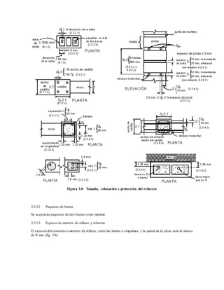 Figura 3.8 Tamaño, colocación y protección del refuerzo
3.3.3.2 Paquetes de barras
Se aceptarán paquetes de dos barras como máximo.
3.3.3.3 Espesor de mortero de relleno y refuerzo
El espesordel concreto o mortero de relleno, entre las barras o empalmes y la pared de la pieza será al menos
de 6 mm (fig. 3.8).
 