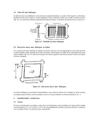 4.4 Volteo del muro diafragma
Se deberá evitar la posibilidad de volteo del muro perpendicularmente a su plano. Para lograrlo, se diseñará y
detallará la unión entre el marco y el muro diafragma o bien se reforzará el muro con castillos o refuerzo interior
(fig. 4.1). La resistencia a flexión perpendicular al plano del muro se calculará de acuerdo con la sección 3.1.6.
Figura 4.1 Detallado de muros diafragma
4.5 Interacción marco–muro diafragma en el plano
Las columnas del marco deberán ser capaces de resistir, cada una, en una longitud igual a una cuarta parte de
su altura medida a partir del paño de la viga, una fuerza cortante igual a la mitad de la carga lateral que actúa
sobre el tablero (fig. 4.2). El valor de esta carga será al menos igual a la resistencia a fuerza cortante en el plano
del muro diafragma.
Figura 4.2 Interacción marco–muro diafragma
Si el muro diafragma está reforzado horizontalmente, para valuar los efectos en la columna, la fuerza cortante
resistida por dicho refuerzo será la calculada con la ec. 4.2 pero utilizando un factor de eficiencia  = 1.
5. MAMPOSTERÍA CONFINADA
5.1 Alcance
Es la que está reforzada con castillos y dalas. Para serconsiderados como confinados, los muros deben cumplir
con los requisitos 5.1.1 a 5.1.4 (fig. 5.1 a 5.3). En esta modalidad los castillos o porciones de ellos se cuelan un
vez construido el muro o la parte de él que corresponda.
 