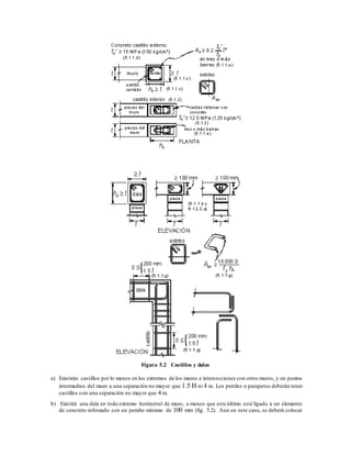 Figura 5.2 Castillos y dalas
a) Existirán castillos por lo menos en los extremos de los muros e intersecciones con otros muros, y en puntos
intermedios del muro a una separación no mayor que 1.5 H ni 4 m. Los pretiles o parapetos deberán tener
castillos con una separación no mayor que 4 m.
b) Existirá una dala en todo extremo horizontal de muro, a menos que este último esté ligado a un elemento
de concreto reforzado con un peralte mínimo de 100 mm (fig. 5.2). Aun en este caso, se deberá colocar
 