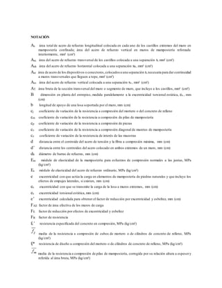 NOTACIÓN
As área total de acero de refuerzo longitudinal colocada en cada uno de los castillos extremos del muro en
mampostería confinada; área del acero de refuerzo vertical en muros de mampostería reforzada
interiormente, mm² (cm²)
Asc área del acero de refuerzo transversal de los castillos colocada a una separación s, mm² (cm²)
Ash área del acero de refuerzo horizontal colocada a una separación sh, mm² (cm²)
Ast área de acero de los dispositivos o conectores,colocados a una separación s,necesaria para dar continuidad
a muros transversales que lleguen a tope, mm² (cm²)
Asv área del acero de refuerzo vertical colocada a una separación sv, mm² (cm²)
AT área bruta de la sección transversal del muro o segmento de muro, que incluye a los castillos, mm² (cm²)
B dimensión en planta del entrepiso, medida paralelamente a la excentricidad torsional estática, es , mm
(cm)
b longitud de apoyo de una losa soportada por el muro, mm (cm)
cj coeficiente de variación de la resistencia a compresión del mortero o del concreto de relleno
cm coeficiente de variación de la resistencia a compresión de pilas de mampostería
cp coeficiente de variación de la resistencia a compresión de piezas
cv coeficiente de variación de la resistencia a compresión diagonal de muretes de mampostería
cz coeficiente de variación de la resistencia de interés de las muestras
d distancia entre el centroide del acero de tensión y la fibra a compresión máxima, mm (cm)
d’ distancia entre los centroides del acero colocado en ambos extremos de un muro, mm (cm)
db diámetro de barras de refuerzo, mm (cm)
Em módulo de elasticidad de la mampostería para esfuerzos de compresión normales a las juntas, MPa
(kg/cm²)
Es módulo de elasticidad del acero de refuerzo ordinario, MPa (kg/cm²)
e excentricidad con que actúa la carga en elementos de mampostería de piedras naturales y que incluye los
efectos de empujes laterales, si existen, mm (cm)
ec excentricidad con que se transmite la carga de la losa a muros extremos, mm (cm)
es excentricidad torsional estática, mm (cm)
e’ excentricidad calculada para obtener el factor de reducción por excentricidad y esbeltez, mm (cm)
FAE factor de área efectiva de los muros de carga
FE factor de reducción por efectos de excentricidad y esbeltez
FR factor de resistencia
fc’ resistencia especificada del concreto en compresión, MPa (kg/cm²)
media de la resistencia a compresión de cubos de mortero o de cilindros de concreto de relleno, MPa
(kg/cm²)
fj* resistencia de diseño a compresión del mortero o de cilindros de concreto de relleno, MPa (kg/cm²)
media de la resistencia a compresión de pilas de mampostería, corregida por su relación altura a espesory
referida al área bruta, MPa (kg/cm²)
 