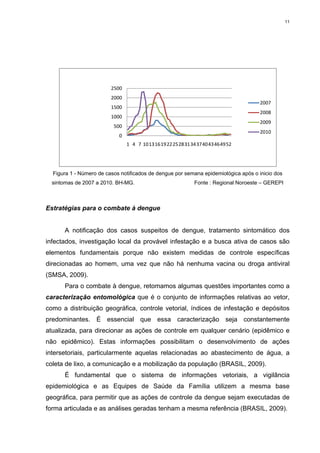 11

2500
2000

2007

1500

2008

1000

2009

500

2010

0
1 4 7 101316192225283134374043464952

Figura 1 - Número de casos notificados de dengue por semana epidemiológica após o inicio dos
sintomas de 2007 a 2010. BH-MG.

Fonte : Regional Noroeste – GEREPI

Estratégias para o combate à dengue

A notificação dos casos suspeitos de dengue, tratamento sintomático dos
infectados, investigação local da provável infestação e a busca ativa de casos são
elementos fundamentais porque não existem medidas de controle específicas
direcionadas ao homem, uma vez que não há nenhuma vacina ou droga antiviral
(SMSA, 2009).
Para o combate à dengue, retomamos algumas questões importantes como a
caracterização entomológica que é o conjunto de informações relativas ao vetor,
como a distribuição geográfica, controle vetorial, índices de infestação e depósitos
predominantes. É essencial que essa caracterização seja constantemente
atualizada, para direcionar as ações de controle em qualquer cenário (epidêmico e
não epidêmico). Estas informações possibilitam o desenvolvimento de ações
intersetoriais, particularmente aquelas relacionadas ao abastecimento de água, a
coleta de lixo, a comunicação e a mobilização da população (BRASIL, 2009).
É fundamental que o sistema de informações vetoriais, a vigilância
epidemiológica e as Equipes de Saúde da Família utilizem a mesma base
geográfica, para permitir que as ações de controle da dengue sejam executadas de
forma articulada e as análises geradas tenham a mesma referência (BRASIL, 2009).

 