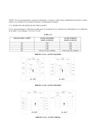 XXXIV. En los estacionamientos, excepto los destinados a vivienda, se debe colocar señalamiento horizontal y vertical
relativo a los sentidos de la circulación vehicular y de información al peatón.

1.2.2 ANCHO DE LOS PASILLOS DE CIRCULACIÓN

En los estacionamientos se debe dejar pasillos para la circulación de los vehículos de conformidad con lo establecido
en la Tabla 1.2 (ver Dibujos 1.2.2-A al 1.2.2-D).

                                                    TABLA 1.2

      ANGULO DEL CAJÓN                        AUTOS GRANDES                       AUTOS CHICOS
                                               (ancho en metros)                  (ancho en metros)
                 30°                                   3.00                               2.70
                 45°                                   3.30                               3.00
                 60°                                   5.00                               4.00
                 90°                                   6.00                               5.00
                 90°                        6.50 (en los dos sentidos)         5.50 (en los dos sentidos)

                                      DIBUJO 1.2.2-A. AUTOS GRANDES




                                      DIBUJO 1.2.2-B. AUTOS GRANDES




                                        DIBUJO 1.2.2-C. AUTOS CHICOS
 