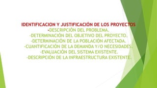 IDENTIFICACION Y JUSTIFICACIÓN DE LOS PROYECTOS
-DESCRIPCIÓN DEL PROBLEMA.
-DETERMINACIÓN DEL OBJETIVO DEL PROYECTO.
-DETERMINACIÓN DE LA POBLACIÓN AFECTADA.
-CUANTIFICACIÓN DE LA DEMANDA Y/O NECESIDADES.
-EVALUACIÓN DEL SISTEMA EXISTENTE.
-DESCRIPCIÓN DE LA INFRAESTRUCTURA EXISTENTE.
 