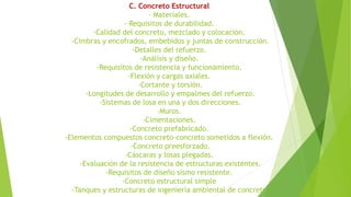 C. Concreto Estructural
- Materiales.
- Requisitos de durabilidad.
-Calidad del concreto, mezclado y colocación.
-Cimbras y encofrados, embebidos y juntas de construcción.
-Detalles del refuerzo.
-Análisis y diseño.
-Requisitos de resistencia y funcionamiento.
-Flexión y cargas axiales.
-Cortante y torsión.
-Longitudes de desarrollo y empalmes del refuerzo.
-Sistemas de losa en una y dos direcciones.
-Muros.
-Cimentaciones.
-Concreto prefabricado.
-Elementos compuestos concreto-concreto sometidos a flexión.
-Concreto preesforzado.
-Cáscaras y losas plegadas.
-Evaluación de la resistencia de estructuras existentes.
-Requisitos de diseño sismo resistente.
-Concreto estructural simple
-Tanques y estructuras de ingeniería ambiental de concreto
 