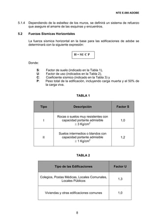 NTE E.080 ADOBE


5.1.4   Dependiendo de la esbeltez de los muros, se definirá un sistema de refuerzo
        que asegure el amarre de las esquinas y encuentros.

5.2     Fuerzas Sísmicas Horizontales

        La fuerza sísmica horizontal en la base para las edificaciones de adobe se
        determinará con la siguiente expresión:


                                           H = SU C P

        Donde:

             S:         Factor de suelo (indicado en la Tabla 1),
             U:         Factor de uso (indicados en la Tabla 2),
             C:         Coeficiente sísmico (indicado en la Tabla 3) y
             P:         Peso total de la edificación, incluyendo carga muerta y el 50% de
                        la carga viva.


                                             TABLA 1


                  Tipo                     Descripción                   Factor S


                                Rocas o suelos muy resistentes con
                    I             capacidad portante admisible              1,0
                                           ≥ 3 Kg/cm2

                                 Suelos intermedios o blandos con
                   II              capacidad portante admisible             1,2
                                            ≥ 1 Kg/cm2



                                             TABLA 2


                              Tipo de las Edificaciones                Factor U


                  Colegios, Postas Médicas, Locales Comunales,
                                                                          1,3
                                 Locales Públicos


                        Viviendas y otras edificaciones comunes           1,0




                                             8
 
