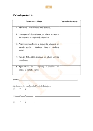 15



Folha de pontuação

                 Fatores de Avaliação                      Pontuação (0.0 a 2.0)


   1. Atualidade e relevância do tema proposto.


   2. Linguagem técnica utilizada em relação ao tema e
      aos objetivos, e competência linguística.


   3. Aspectos metodológicos e formais da editoração do
      trabalho escrito - sequência lógica e coerência
      interna.


   4. Revisão Bibliográfica realizada em relação ao tema
      pesquisado.


   5. Apresentação oral – segurança e coerência em
      relação ao trabalho escrito.




Média: ____________ (_________________________________________________)


Assinaturas dos membros da Comissão Julgadora:
1) _____/_____/________     ________________________________________________


2) _____/_____/________     ________________________________________________


3) _____/_____/________     ________________________________________________
 