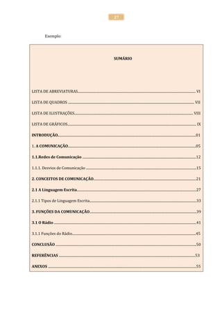 27



              Exemplo:




                                                                                          SUMÁRIO




LISTA DE ABREVIATURAS............................................................................................................................................ VI

LISTA DE QUADROS ...................................................................................................................................................... VII

LISTA DE ILUSTRAÇÕES............................................................................................................................................. VIII

LISTA DE GRÁFICOS......................................................................................................................................................... IX

INTRODUÇÃO....................................................................................................................................................................01

1. A COMUNICAÇÃO........................................................................................................................................................05

1.1.Redes de Comunicação .......................................................................................................................................12

1.1.1. Desvios de Comunicação ...................................................................................................................................15

2. CONCEITOS DE COMUNICAÇÃO..........................................................................................................................21

2.1 A Linguagem Escrita..............................................................................................................................................27

2.1.1 Tipos de Linguagem Escrita...............................................................................................................................33

3. FUNÇÕES DA COMUNICAÇÃO...............................................................................................................................39

3.1 O Rádio .........................................................................................................................................................................41

3.1.1 Funções do Rádio...................................................................................................................................................45

CONCLUSÃO .......................................................................................................................................................................50

REFERÊNCIAS ..................................................................................................................................................................53

ANEXOS ................................................................................................................................................................................55
 