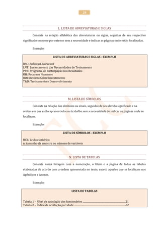 28




                                         L. LISTA DE ABREVIATURAS E SIGLAS

           Consiste na relação alfabética das abreviaturas ou siglas, seguidas de seu respectivo
significado ou nome por extenso sem a necessidade e indicar as páginas onde estão localizadas.

           Exemplo:

                                   LISTA DE ABREVIATURAS E SIGLAS - EXEMPLO

BSC: Balanced Scorecard
LNT: Levantamento das Necessidades de Treinamento
PPR: Programa de Participação nos Resultados
RH: Recursos Humanos
ROI: Retorno Sobre Investimento
T&D: Treinamento e Desenvolvimento




                                                     M. LISTA DE SÍMBOLOS

           Consiste na relação dos símbolos ou sinais, seguidos de seu devido significado e na
ordem em que estão apresentados no trabalho sem a necessidade de indicar as páginas onde se
localizam.

           Exemplo:

                                               LISTA DE SÍMBOLOS - EXEMPLO

HCL: ácido clorídrico
n: tamanho da amostra ou número de variáveis



                                                       N. LISTA DE TABELAS

           Consiste numa listagem com a numeração, o título e a página de todas as tabelas
elaboradas de acordo com a ordem apresentada no texto, exceto aqueles que se localizam nos
Apêndices e Anexos.

           Exemplo:

                                                          LISTA DE TABELAS


Tabela 1 – Nível de satisfação dos funcionários ......................................................................21
Tabela 2 – Índice de aceitação por idade ....................................................................................62
 