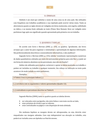 33



                                              D. SÍMBOLOS

        Símbolo é um sinal que substitui o nome de uma coisa ou de uma ação. São utilizados
com frequência nos trabalhos acadêmicos e sua repetição pode ocorrer várias vezes. Tanto as
abreviaturas quanto as siglas devem ser redigidas em letras maiúsculas, sem negrito, sublinhado
ou itálico, e na mesma fonte utilizada no texto (Times New Roman). Deve ser redigido entre
parênteses logo após seu significado quando apresentado pela primeira vez no trabalho.




                                      E. QUADROS E TABELAS

        De acordo com Cervo e Bervian (2002, p. 154), os quadros, “geralmente, são livres
arranjos que o autor faz para organizar e sistematizar a apresentação de algumas informações.
São preferencialmente descritivos e essencialmente informativos, e não analíticos”.
        Segundo Cervo e Bervian (2002, p. 153), tabelas “constituem representações numéricas
de dados quantitativos coletados por meio de instrumentos próprios para este fim. [...] pode ser
em forma de números absolutos ou em percentuais, mas não em frações”.
        Ambos são utilizados para explicar, esclarecer e apoiar as ideias mostradas no trabalho e
podem ser incluídos no trabalho a qualquer momento. Seu esboço ou indicação no texto pode
acontecer de modo isolado ou entre parênteses.
        Exemplos:
A Tabela 2 traz os principais índices [...]


[...] corrobora com os argumentos e valores apresentados (Quadro 12).


[...] contradizem os percentuais descritos na Tabela 8.


        Segundo Martins (2004), tanto os quadros quanto as tabelas devem:

        •   ser colocados entre parágrafos, não entre linhas e sem texto escrito ao lado;
        •   estar próximos do trecho a que se referem;
        •   estar centralizados na página e com disposição de texto alinhada.


        Em nenhuma hipótese as margens devem ser ultrapassadas, ou seja, deverão estar
enquadrados nas margens adotadas. Caso seja indispensável sua alocação no trabalho, esta
poderá ser incluída como um Apêndice ao final do mesmo.
 