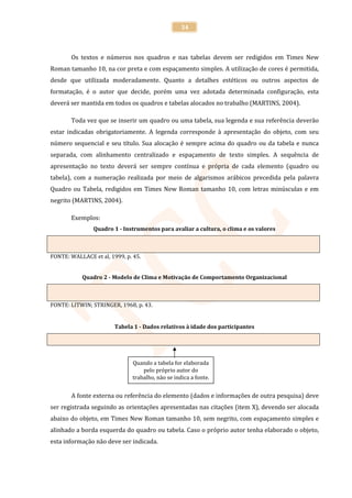 34



       Os textos e números nos quadros e nas tabelas devem ser redigidos em Times New
Roman tamanho 10, na cor preta e com espaçamento simples. A utilização de cores é permitida,
desde que utilizada moderadamente. Quanto a detalhes estéticos ou outros aspectos de
formatação, é o autor que decide, porém uma vez adotada determinada configuração, esta
deverá ser mantida em todos os quadros e tabelas alocados no trabalho (MARTINS, 2004).

       Toda vez que se inserir um quadro ou uma tabela, sua legenda e sua referência deverão
estar indicadas obrigatoriamente. A legenda corresponde à apresentação do objeto, com seu
número sequencial e seu título. Sua alocação é sempre acima do quadro ou da tabela e nunca
separada, com alinhamento centralizado e espaçamento de texto simples. A sequência de
apresentação no texto deverá ser sempre contínua e própria de cada elemento (quadro ou
tabela), com a numeração realizada por meio de algarismos arábicos precedida pela palavra
Quadro ou Tabela, redigidos em Times New Roman tamanho 10, com letras minúsculas e em
negrito (MARTINS, 2004).

       Exemplos:
                Quadro 1 - Instrumentos para avaliar a cultura, o clima e os valores



FONTE: WALLACE et al, 1999, p. 45.


           Quadro 2 - Modelo de Clima e Motivação de Comportamento Organizacional



FONTE: LITWIN; STRINGER, 1968, p. 43.


                        Tabela 1 - Dados relativos à idade dos participantes




                              Quando a tabela for elaborada
                                  pelo próprio autor do
                              trabalho, não se indica a fonte.


       A fonte externa ou referência do elemento (dados e informações de outra pesquisa) deve
ser registrada seguindo as orientações apresentadas nas citações (item X), devendo ser alocada
abaixo do objeto, em Times New Roman tamanho 10, sem negrito, com espaçamento simples e
alinhado a borda esquerda do quadro ou tabela. Caso o próprio autor tenha elaborado o objeto,
esta informação não deve ser indicada.
 