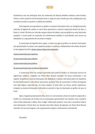 51



facultativas, mas sua utilização deve ser moderada. Os demais detalhes estéticos como bordas,
linhas e outros aspectos de formatação ficam a cargo do autor, desde que esta configuração seja
mantida em todos os quadros e tabelas do trabalho.

         Uma legenda correspondente ao gráfico ou demais ilustrações deve ser obrigatoriamente
indicada. A legenda de ambos os casos deve apresentar o número sequencial dentro da obra, o
título e a fonte. Ela deve ser alocada sempre abaixo do objeto, seja um gráfico ou uma ilustração
qualquer, e nunca pode vir separada. Seu alinhamento também é centralizado, sem recuos ou
tabulações e o espaçamento de seu texto é simples.

         A numeração da legenda deve seguir a ordem em que os gráficos ou demais ilustrações
são apresentados no texto, com sequência própria e contínua, independente dos títulos de parte
ou das páginas da obra. Assim, temos 4 tipos de numeração:

a)uma numeração para quadros,

b) uma numeração para tabelas,

c)uma numeração para gráficos

d) uma numeração para as demais ilustrações.

         A numeração deve ser sempre precedida pela palavra Gráfico ou Ilustração através de
algarismos arábicos, redigidos em Times New Roman tamanho 10, letras minúsculas e em
negrito. Os gráficos e demais ilustrações dos Apêndices e Anexos não fazem parte da sequência
do desenvolvimento e não devem apresentar qualquer tipo de numeração. O título da legenda
vem logo depois, separado por um traço simples. O texto deve ser breve, porém explicativo,
redigido na mesma formatação, indicando se possível o tipo de ilustração ou gráfico de que se
trata.

         Após a legenda propriamente dita, deve ser acrescentada a fonte de onde foi adquirido o
Gráfico ou a Ilustração, de acordo com as orientações apresentadas nas citações. Caso o próprio
autor tenha elaborado o objeto, deve redigir “elaboração própria”, mas não é necessário indicar
esta informação. A fonte deve ser alocada uma linha abaixo da legenda, em Times New Roman
tamanho 10, mas sem negrito, com espaçamento simples e alinhamento centralizado.




         Exemplos:
 