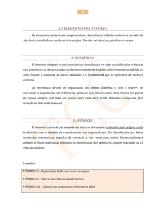 53




                             2.3 ELEMENTOS PÓS-TEXTUAIS

        Os elementos pós-textuais complementam o trabalho permitindo conhecer o material de
referência consultado e completar informações. São eles: referências, apêndices e anexos.




                                       A. REFERÊNCIAS

        É elemento obrigatório, indispensável na identificação de todas as publicações utilizadas
para corroborar as ideias expostas no desenvolvimento do trabalho. Este elemento possibilita ao
leitor, buscar e consultar as fontes utilizadas e é fundamental que se apresente de maneira
uniforme.

        As referências devem ser organizadas em ordem alfabética e, com o objetivo de
padronizar a organização das referências, optou-se pelo sistema autor-data. Devem ser postas
em espaço simples, com mais um espaço entre cada obra, sendo alinhadas à esquerda. (ver
exemplo no final deste manual).




                                        B. APÊNDICES

        É elemento opcional que consiste em texto ou documento elaborado pelo próprio autor
do trabalho com o objetivo de complementar sua argumentação. São identificados por letras
maiúsculas consecutivas, seguidas de travessão e dos respectivos títulos. Excepcionalmente
utilizam-se letras maiúsculas dobradas na identificação dos apêndices, quando esgotadas as 23
letras do alfabeto.




Exemplos:

APÊNDICE A – Representação das normas e exemplos

APÊNDICE B – Valores descritos no laudo técnico

APÊNDICE AA – Cálculo dos percentuais referentes a 2003
 