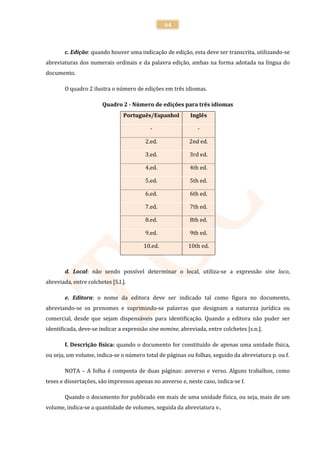 64



        c. Edição: quando houver uma indicação de edição, esta deve ser transcrita, utilizando-se
abreviaturas dos numerais ordinais e da palavra edição, ambas na forma adotada na língua do
documento.

        O quadro 2 ilustra o número de edições em três idiomas.

                        Quadro 2 - Número de edições para três idiomas
                                Português/Espanhol         Inglês

                                           -                  -

                                         2.ed.             2nd ed.

                                         3.ed.             3rd ed.

                                         4.ed.             4th ed.

                                         5.ed.             5th ed.

                                         6.ed.             6th ed.

                                         7.ed.             7th ed.

                                         8.ed.             8th ed.

                                         9.ed.             9th ed.

                                        10.ed.            10th ed.



        d. Local: não sendo possível determinar o local, utiliza-se a expressão sine loco,
abreviada, entre colchetes [S.I.].

        e. Editora: o nome da editora deve ser indicado tal como figura no documento,
abreviando-se os prenomes e suprimindo-se palavras que designam a natureza jurídica ou
comercial, desde que sejam dispensáveis para identificação. Quando a editora não puder ser
identificada, deve-se indicar a expressão sine nomine, abreviada, entre colchetes [s.n.].

        f. Descrição física: quando o documento for constituído de apenas uma unidade física,
ou seja, um volume, indica-se o número total de páginas ou folhas, seguido da abreviatura p. ou f.

        NOTA – A folha é composta de duas páginas: anverso e verso. Alguns trabalhos, como
teses e dissertações, são impressos apenas no anverso e, neste caso, indica-se f.

        Quando o documento for publicado em mais de uma unidade física, ou seja, mais de um
volume, indica-se a quantidade de volumes, seguida da abreviatura v..
 