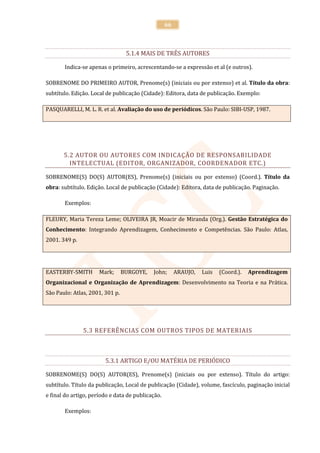 66



                                  5.1.4 MAIS DE TRÊS AUTORES

       Indica-se apenas o primeiro, acrescentando-se a expressão et al (e outros).

SOBRENOME DO PRIMEIRO AUTOR, Prenome(s) (iniciais ou por extenso) et al. Título da obra:
subtítulo. Edição. Local de publicação (Cidade): Editora, data de publicação. Exemplo:

PASQUARELLI, M. L. R. et al. Avaliação do uso de periódicos. São Paulo: SIBI-USP, 1987.




       5.2 AUTOR OU AUTORES COM INDICAÇÃO DE RESPONSABILIDADE
         INTELECTUAL (EDITOR, ORGANIZADOR, COORDENADOR ETC.)

SOBRENOME(S) DO(S) AUTOR(ES), Prenome(s) (iniciais ou por extenso) (Coord.). Título da
obra: subtítulo. Edição. Local de publicação (Cidade): Editora, data de publicação. Paginação.

       Exemplos:

FLEURY, Maria Tereza Leme; OLIVEIRA JR, Moacir de Miranda (Org.). Gestão Estratégica do
Conhecimento: Integrando Aprendizagem, Conhecimento e Competências. São Paulo: Atlas,
2001. 349 p.




EASTERBY-SMITH        Mark;      BURGOYE,   John;       ARAUJO,   Luis   (Coord.).   Aprendizagem
Organizacional e Organização de Aprendizagem: Desenvolvimento na Teoria e na Prática.
São Paulo: Atlas, 2001, 301 p.




               5.3 REFERÊNCIAS COM OUTROS TIPOS DE MATERIAIS



                        5.3.1 ARTIGO E/OU MATÉRIA DE PERIÓDICO

SOBRENOME(S) DO(S) AUTOR(ES), Prenome(s) (iniciais ou por extenso). Título do artigo:
subtítulo. Título da publicação, Local de publicação (Cidade), volume, fascículo, paginação inicial
e final do artigo, período e data de publicação.

       Exemplos:
 