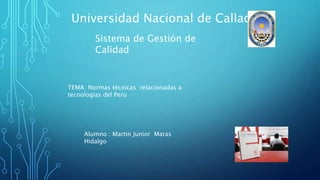 Universidad Nacional de Callao
Sistema de Gestión de
Calidad
TEMA: Normas técnicas relacionadas a
tecnologias del Peru
Alumno : Martin Junior Maras
Hidalgo
 