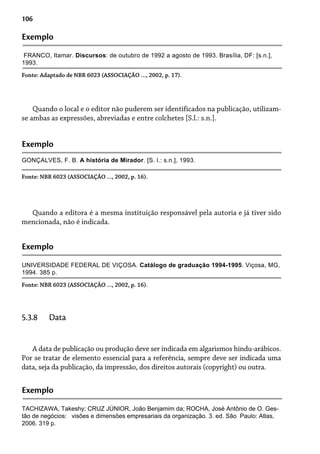 106
Exemplo
FRANCO, Itamar. Discursos: de outubro de 1992 a agosto de 1993. Brasília, DF: [s.n.],
1993.
Fonte: Adaptado de NBR 6023 (ASSOCIAÇÃO ..., 2002, p. 17).
Quando o local e o editor não puderem ser identificados na publicação, utilizam-
se ambas as expressões, abreviadas e entre colchetes [S.l.: s.n.].
Exemplo
GONÇALVES, F. B. A história de Mirador. [S. l.: s.n.], 1993.
Fonte: NBR 6023 (ASSOCIAÇÃO ..., 2002, p. 16).
Quando a editora é a mesma instituição responsável pela autoria e já tiver sido
mencionada, não é indicada.
Exemplo
UNIVERSIDADE FEDERAL DE VIÇOSA. Catálogo de graduação 1994-1995. Viçosa, MG,
1994. 385 p.
Fonte: NBR 6023 (ASSOCIAÇÃO ..., 2002, p. 16).
A data de publicação ou produção deve ser indicada em algarismos hindu-arábicos.
Por se tratar de elemento essencial para a referência, sempre deve ser indicada uma
data, seja da publicação, da impressão, dos direitos autorais (copyright) ou outra.
5.3.8 Data
Exemplo
TACHIZAWA, Takeshy; CRUZ JÚNIOR, João Benjamim da; ROCHA, José Antônio de O. Ges-
tão de negócios: visões e dimensões empresariais da organização. 3. ed. São Paulo: Atlas,
2006. 319 p.
 