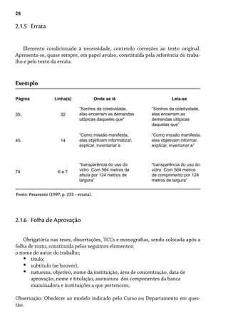 28
Elemento condicionado à necessidade, contendo correções ao texto original.
Apresenta-se, quase sempre, em papel avulso, constituída pela referência do traba-
lho e pelo texto da errata.
2.1.5 Errata
Exemplo
Fonte: Pesavento (1997, p. 233 – errata).
Obrigatória nas teses, dissertações, TCCs e monografias, sendo colocada após a
folha de rosto, constituída pelos seguintes elementos:
o nome do autor do trabalho;
título;
subtítulo (se houver);
natureza, objetivo, nome da instituição, área de concentração, data de
aprovação, nome e titulação, assinatura dos componentes da banca
examinadora e instituições a que pertencem;
Observação: Obedecer ao modelo indicado pelo Curso ou Departamento em ques-
tão.
•
•
•
2.1.6 Folha de Aprovação
Página Linha(s) Onde se lê Leia-se
35, 32
45, 14
74 6 e 7
“Sonhos da coletividade,
elas encerram as demandas
utópicas daqueles que”
“Sonhos da coletividade,
elas encerram as
demandas utópicas
daquelas que”
“Como missão manifesta,
elas objetivam informatizar,
explicar, inventariar e
“Como missão manifesta,
elas objetivam informar,
explicar, inventariar e”
“transparência do uso do
vidro. Com 564 metros de
altura por 124 metros de
largura”
“transparência do uso do
vidro. Com 564 metros
de comprimento por 124
metros de largura”
 
