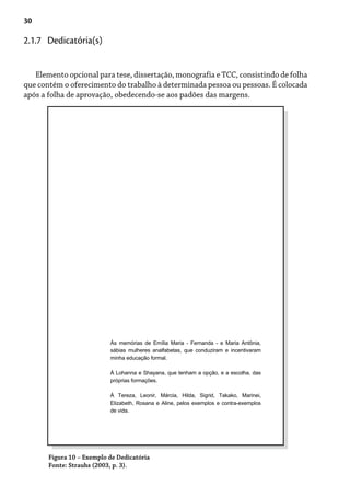 30
Elemento opcional para tese, dissertação, monografia e TCC, consistindo de folha
que contém o oferecimento do trabalho à determinada pessoa ou pessoas. É colocada
após a folha de aprovação, obedecendo-se aos padões das margens.
2.1.7 Dedicatória(s)
Figura 10 – Exemplo de Dedicatória
Fonte: Strauhs (2003, p. 3).
Às memórias de Emília Maria - Fernanda - e Maria Antônia,
sábias mulheres analfabetas, que conduziram e incentivaram
minha educação formal.
À Lohanna e Shayana, que tenham a opção, e a escolha, das
próprias formações.
À Tereza, Leonir, Márcia, Hilda, Sigrid, Takako, Marinei,
Elizabeth, Rosana e Aline, pelos exemplos e contra-exemplos
de vida.
 