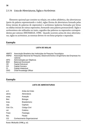 36
Elemento opcional que consiste na relação, em ordem alfabética, das abreviaturas
(parte da palavra representando o todo), siglas (forma de abreviatura formada pelas
letras iniciais de palavras de expressões) e acrônimos (palavras formadas por letras
ou sílabas iniciais de outras expressões, formando uma palavra pronunciável). Siglas e
acrônonimos são utilizados no texto, seguidos das palavras ou expressões correspon-
dentes por extenso (MICHAELIS, 1998). Quando ocorrem acima de cinco abreviatu-
ras, siglas ou acrônimos, as mesmas devem vir em listas próprias e separadas.
2.1.14 Lista de Abreviaturas, Siglas e Acrônimos
Exemplo
LISTA DE SIGLAS
Exemplo
LISTA DE ABREVIATURAS
Fonte: Michaelis (1998, p. xi).
ABIPTI Associação Brasileira das Instituições de Pesquisa Tecnológica
ANPEI Associação Nacional de Pesquisa, Desenvolvimento e Engenharia das Empresas Ino
vadoras
APO Administração por Objetivos
BSC Balanced Scorecard
CE Capital Estrutural
CH Capital Humano
CI Capital Intelectual
CKO Chief Knowledge Officer
a.C. Antes de Cristo
abrev. Abreviatura
acep. Acepção
Biol. Biologia
bras. Brasileirismo
cap. Capítulo
Cód. Civ. Código Civil
col. Coletivo
Fisiol. Fisiologia
flex. Flexão
CO Conhecimento Organizacional
 