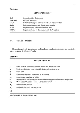37
Exemplo
LISTA DE ACRÔNIMOS
LISTA DE SÍMBOLOS
Exemplo
Fonte: Adaptado de Moraes (2008, p xiii).
Elemento opcional, que deve ser elaborado de acordo com a ordem apresentada
no texto com o devido significado.
2.1.15 Lista de Símbolos
CAE Computer Aided Engineering
FORTRAN Formula Translation
IPPUC Instituto de Pesquisa e Planejamento Urbano de Curitiba
NASA National Aeronautics and Space Administration
OTAN Organização do Tratado do Atlântico Norte
SUDAM Superintendência de Desenvolvimento da Amazônia
γ Coeficiente de atenuação da função da onda do elétron no óxido
λ Parâmetro de ajuste para modulação do comprimento do canal
σ Efeito DIBL
θ Parâmetro de entrada para ajuste de mobilidade
έSi
Permissividade elétrica do silício
μ0
Mobilidade dos portadores para o campo elétrico longitudinal transversal desprezíveis
μef
Mobilidade efetiva com o campo elétrico transversal
øS
Potencial de superfície
øS0
Potencial de superfície no equilíbrio
[...]
 