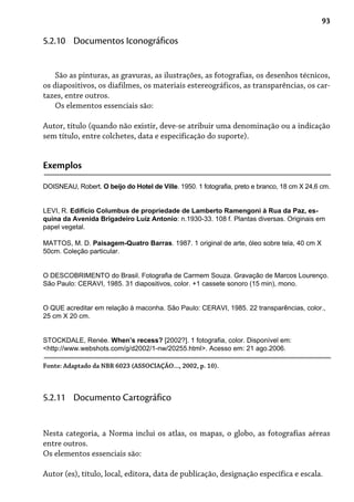93
São as pinturas, as gravuras, as ilustrações, as fotografias, os desenhos técnicos,
os diapositivos, os diafilmes, os materiais estereográficos, as transparências, os car-
tazes, entre outros.
Os elementos essenciais são:
Autor, título (quando não existir, deve-se atribuir uma denominação ou a indicação
sem título, entre colchetes, data e especificação do suporte).
5.2.10 Documentos Iconográficos
Exemplos
DOISNEAU, Robert. O beijo do Hotel de Ville. 1950. 1 fotografia, preto e branco, 18 cm X 24,6 cm.
LEVI, R. Edifício Columbus de propriedade de Lamberto Ramengoni à Rua da Paz, es-
quina da Avenida Brigadeiro Luiz Antonio: n.1930-33. 108 f. Plantas diversas. Originais em
papel vegetal.
MATTOS, M. D. Paisagem-Quatro Barras. 1987. 1 original de arte, óleo sobre tela, 40 cm X
50cm. Coleção particular.
O DESCOBRIMENTO do Brasil. Fotografia de Carmem Souza. Gravação de Marcos Lourenço.
São Paulo: CERAVI, 1985. 31 diapositivos, color. +1 cassete sonoro (15 min), mono.
O QUE acreditar em relação à maconha. São Paulo: CERAVI, 1985. 22 transparências, color.,
25 cm X 20 cm.
STOCKDALE, Renée. When’s recess? [2002?]. 1 fotografia, color. Disponível em:
<http://www.webshots.com/g/d2002/1-nw/20255.html>. Acesso em: 21 ago.2006.
Fonte: Adaptado da NBR 6023 (ASSOCIAÇÃO..., 2002, p. 10).
Nesta categoria, a Norma inclui os atlas, os mapas, o globo, as fotografias aéreas
entre outros.
Os elementos essenciais são:
Autor (es), título, local, editora, data de publicação, designação específica e escala.
5.2.11 Documento Cartográfico
 