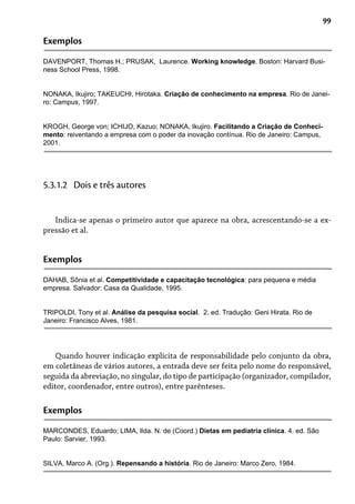 99
Exemplos
DAVENPORT, Thomas H.; PRUSAK, Laurence. Working knowledge. Boston: Harvard Busi-
ness School Press, 1998.
NONAKA, Ikujiro; TAKEUCHI, Hirotaka. Criação de conhecimento na empresa. Rio de Janei-
ro: Campus, 1997.
KROGH, George von; ICHIJO, Kazuo; NONAKA, Ikujiro. Facilitando a Criação de Conheci-
mento: reiventando a empresa com o poder da inovação contínua. Rio de Janeiro: Campus,
2001.
Indica-se apenas o primeiro autor que aparece na obra, acrescentando-se a ex-
pressão et al.
5.3.1.2 Dois e três autores
Exemplos
DAHAB, Sônia et al. Competitividade e capacitação tecnológica: para pequena e média
empresa. Salvador: Casa da Qualidade, 1995.
TRIPOLDI, Tony et al. Análise da pesquisa social. 2. ed. Tradução: Geni Hirata. Rio de
Janeiro: Francisco Alves, 1981.
Quando houver indicação explícita de responsabilidade pelo conjunto da obra,
em coletâneas de vários autores, a entrada deve ser feita pelo nome do responsável,
seguida da abreviação, no singular, do tipo de participação (organizador, compilador,
editor, coordenador, entre outros), entre parênteses.
Exemplos
MARCONDES, Eduardo; LIMA, Ilda. N. de (Coord.) Dietas em pediatria clínica. 4. ed. São
Paulo: Sarvier, 1993.
SILVA, Marco A. (Org.). Repensando a história. Rio de Janeiro: Marco Zero, 1984.
 