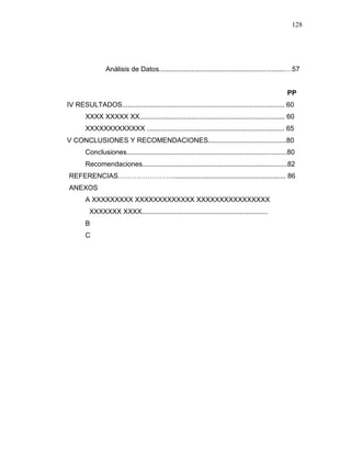 128
Análisis de Datos..................................................................…57
PP
IV RESULTADOS..................................................................................... 60
XXXX XXXXX XX............................................................................ 60
XXXXXXXXXXXXX ........................................................................ 65
V CONCLUSIONES Y RECOMENDACIONES.........................................80
Conclusiones....................................................................................80
Recomendaciones............................................................................82
REFERENCIAS……………………........................................................... 86
ANEXOS
A XXXXXXXXX XXXXXXXXXXXXX XXXXXXXXXXXXXXXX
XXXXXXX XXXX..................................................................
B
C
 
