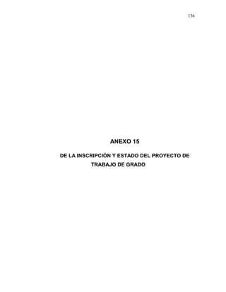 136
ANEXO 15
DE LA INSCRIPCIÓN Y ESTADO DEL PROYECTO DE
TRABAJO DE GRADO
 