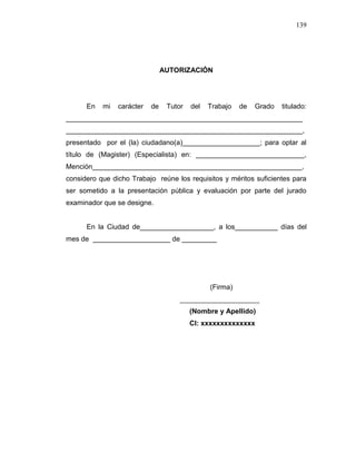 139
AUTORIZACIÓN
En mi carácter de Tutor del Trabajo de Grado titulado:
_____________________________________________________________
_____________________________________________________________,
presentado por el (la) ciudadano(a)____________________; para optar al
título de (Magister) (Especialista) en: ____________________________,
Mención______________________________________________________,
considero que dicho Trabajo reúne los requisitos y méritos suficientes para
ser sometido a la presentación pública y evaluación por parte del jurado
examinador que se designe.
En la Ciudad de___________________, a los___________ días del
mes de ____________________ de _________
(Firma)
(Nombre y Apellido)
CI: xxxxxxxxxxxxxx
 