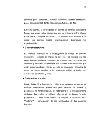 15
comarca poco conocida… iluminar senderos, apartar obstáculos,
poner alguna claridad donde había solo confusión… (p. 183).
En consecuencia, la investigación de campo de carácter exploratorio
busca una visión global aproximada de un problema sobre el cual
existe poca o ninguna información. Pretende formar un banco de
datos que permita realizar investigaciones descriptivas y/o
experimentales.
 Carácter Descriptivo
El objetivo primordial de la investigación de campo de carácter
descriptivo, consiste en indicar lo que es. Se interesa por las
condiciones o relaciones existentes; las prácticas que predominan, las
creencias y actitudes, los procesos que suceden o las tendencias que
están desarrollándose. Dentro de ésta se distinguen: Estudios de
casos, encuestas, estudios de tipo evaluativo, análisis de tendencias,
estudios de correlación y otros.
 Carácter Interpretativo
Según Colás, M. y Buendía, L. (1998), la investigación de campo de
carácter interpretativo posee una gran variedad de fuentes y
posiciones: la fenomenología, el historicismo y el interaccionismo
simbólico, las cuales constituyen algunas de las bases de esta
perspectiva. Todas estas teorías se integran al concepto de "
Verstehen" - comprensión de los significados de las acciones
humanas.
 